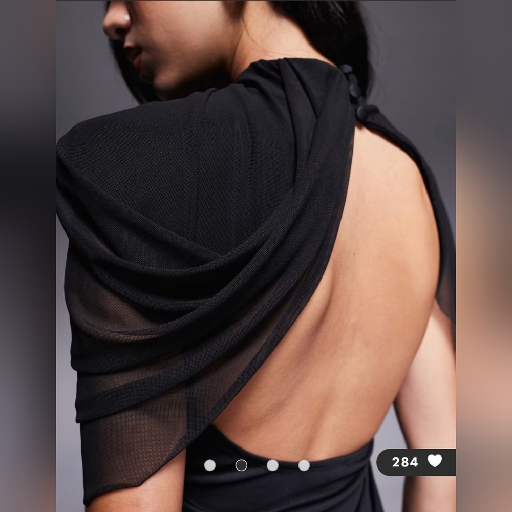 NWT ASOS DESIGN Draped Mesh Shoulder Pad Premium Mini Dress Size 14 In Black - Picture 12 of 12